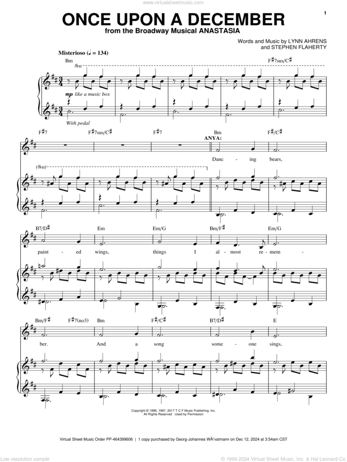 Once Upon A December sheet music for voice and piano by Stephen Flaherty and Lynn Ahrens, intermediate skill level