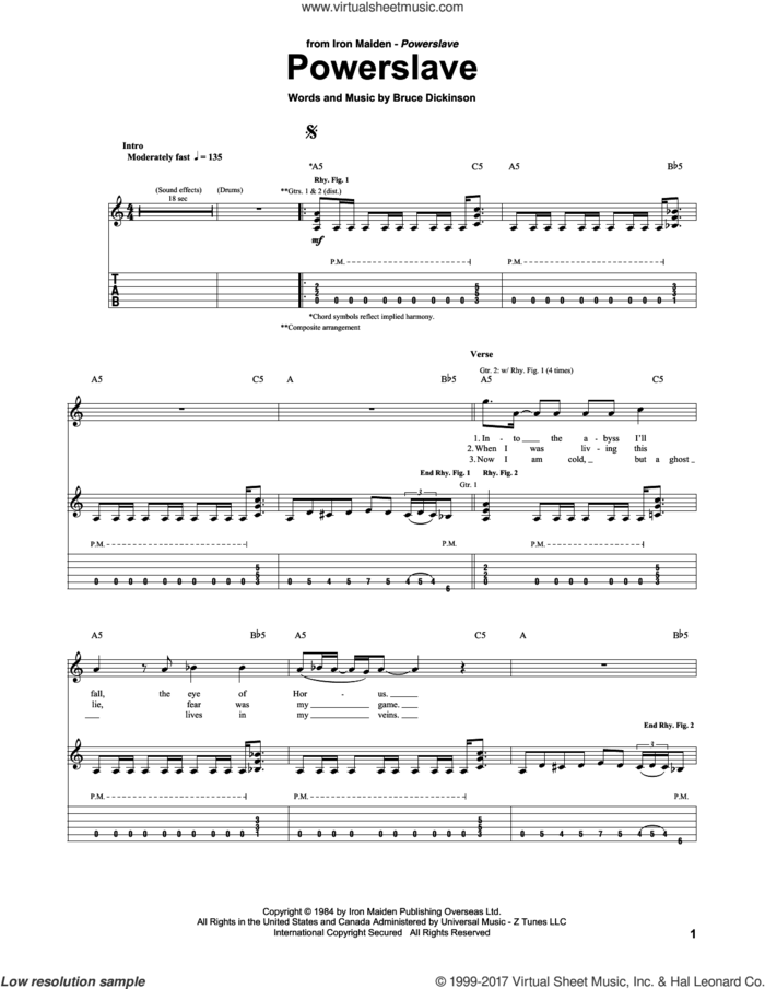 Powerslave sheet music for guitar (tablature) by Iron Maiden and Bruce Dickinson, intermediate skill level