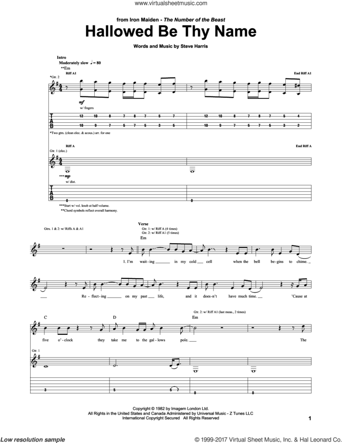 Hallowed Be Thy Name sheet music for guitar (tablature) by Iron Maiden and Steve Harris, intermediate skill level
