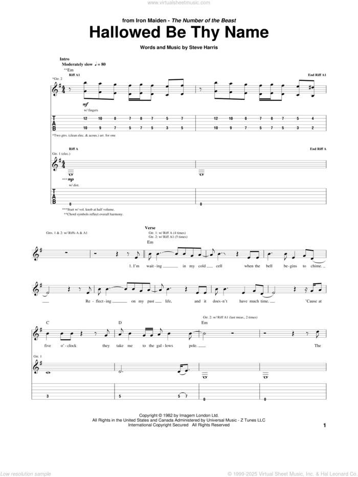 Hallowed Be Thy Name sheet music for guitar (tablature) by Iron Maiden and Steve Harris, intermediate skill level