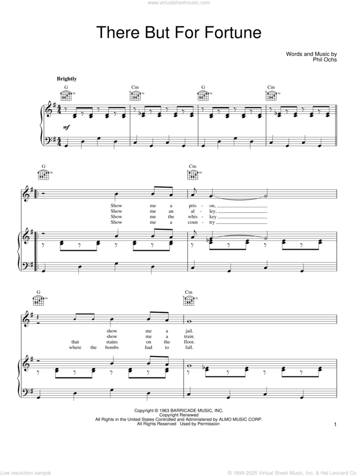 There But For Fortune sheet music for voice, piano or guitar by Phil Ochs and Joan Baez, intermediate skill level