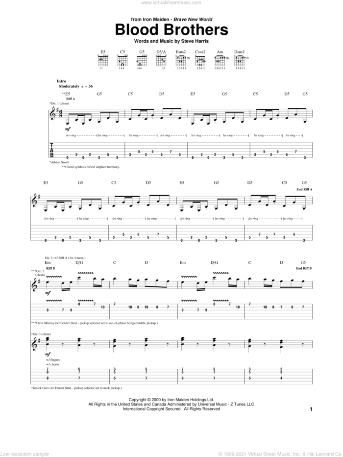 Blood Brothers sheet music for guitar (tablature) by Iron Maiden and Steve Harris, intermediate skill level