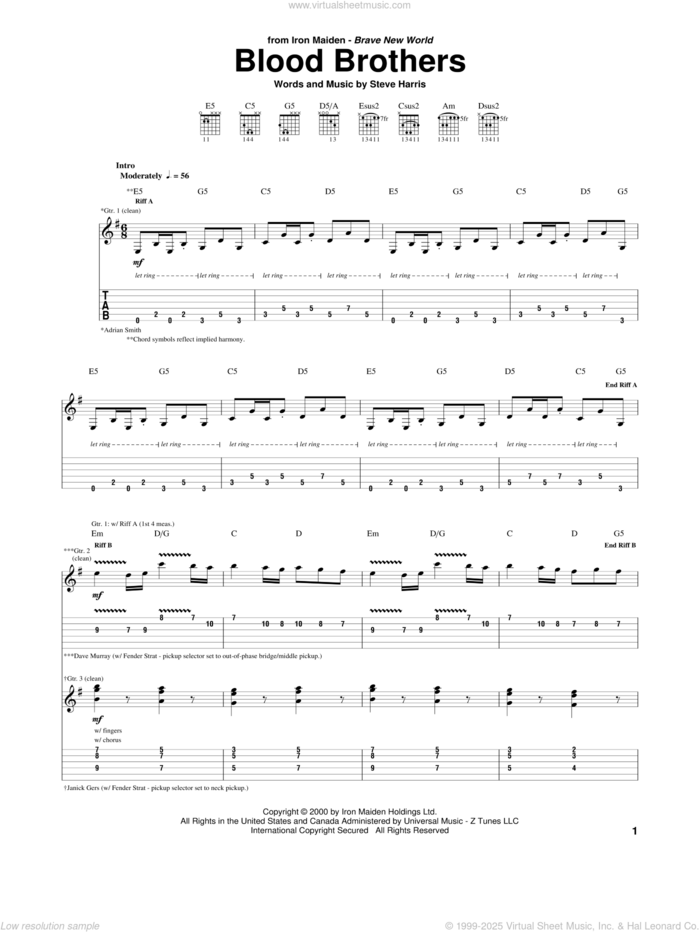 Blood Brothers sheet music for guitar (tablature) by Iron Maiden and Steve Harris, intermediate skill level