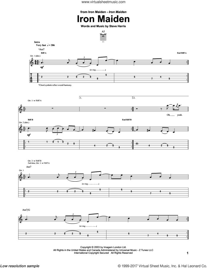 Iron Maiden sheet music for guitar (tablature) by Iron Maiden and Steve Harris, intermediate skill level