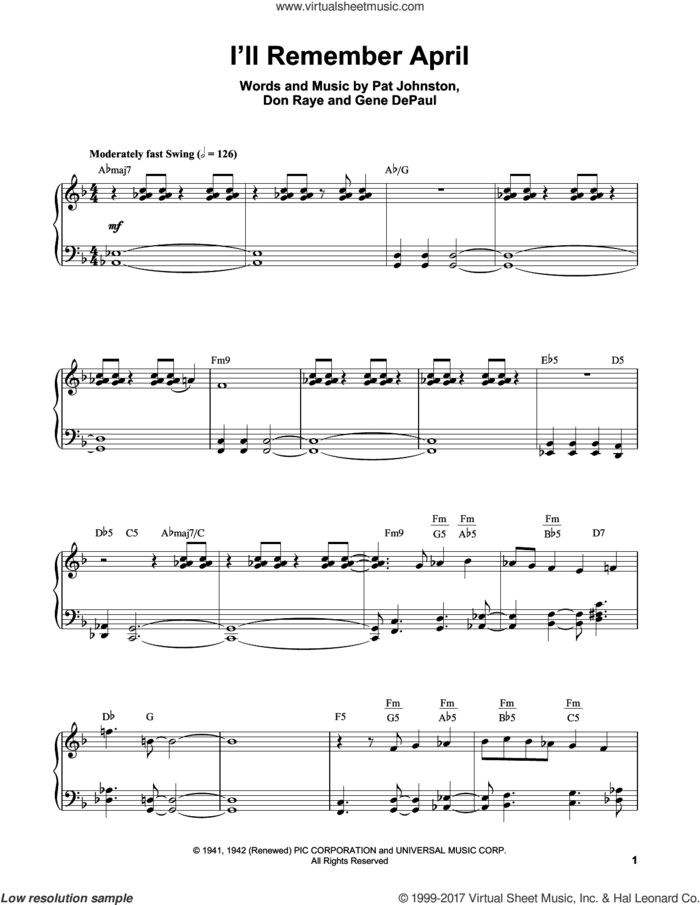 I'll Remember April sheet music for piano solo (transcription) by Erroll Garner, Woody Herman & His Orchestra, Don Raye, Gene DePaul and Pat Johnston, intermediate piano (transcription)