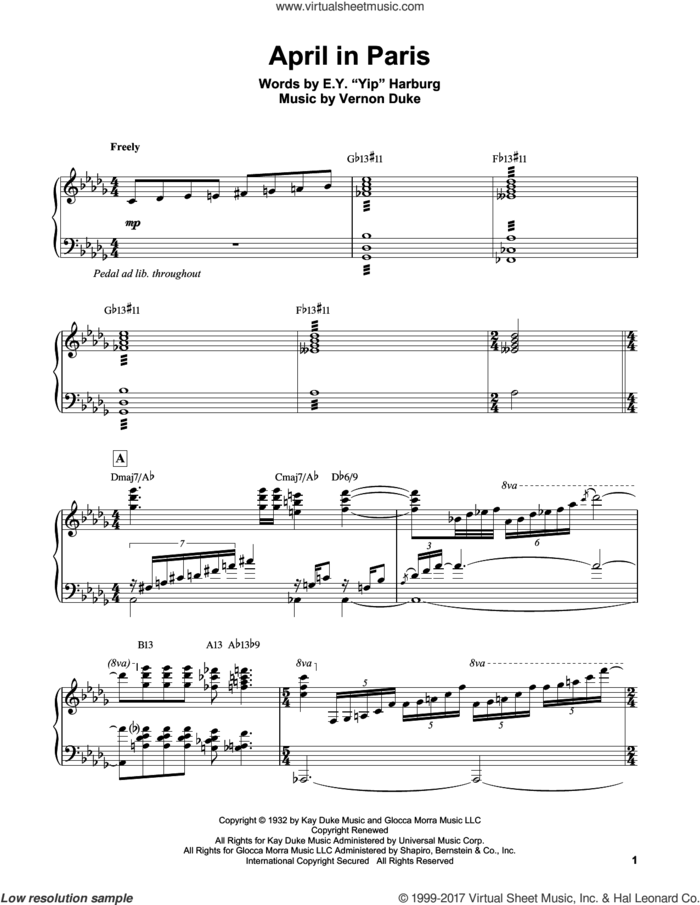 April In Paris sheet music for piano solo (transcription) by Erroll Garner, Coleman Hawkins, Count Basie, Modernaires, E.Y. Harburg and Vernon Duke, intermediate piano (transcription)