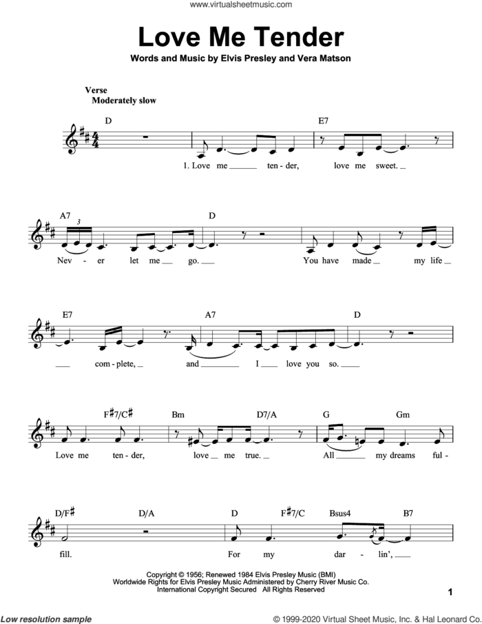 Love Me Tender sheet music for voice solo by Elvis Presley and Vera Matson, wedding score, intermediate skill level