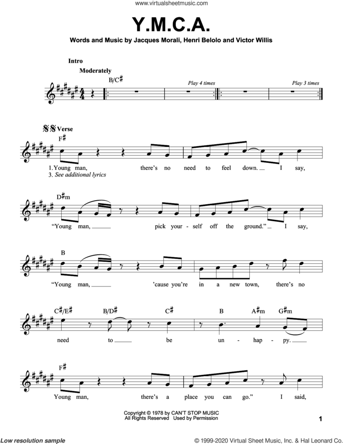 Y.M.C.A. sheet music for voice solo by Village People, Henri Belolo, Jacques Morali and Victor Willis, intermediate skill level