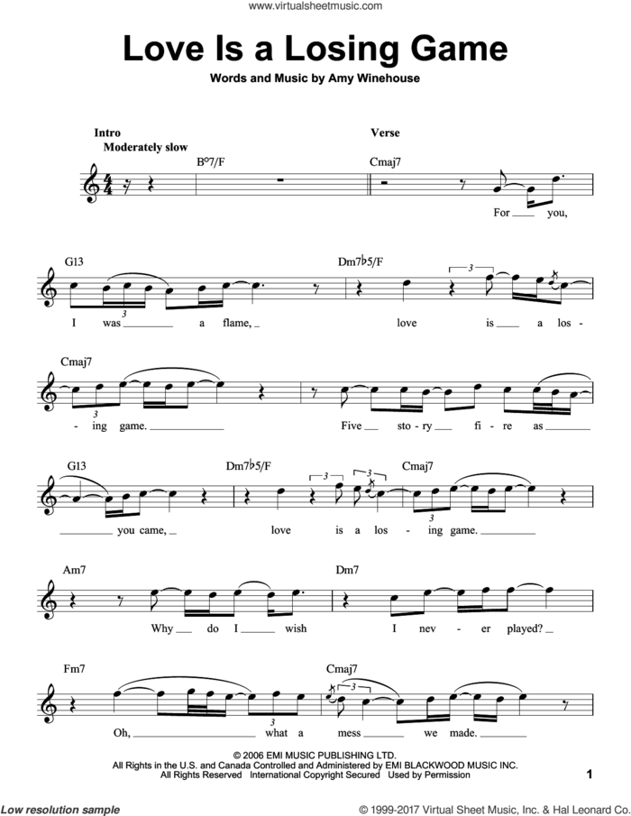 Love Is A Losing Game sheet music for voice solo by Amy Winehouse, intermediate skill level