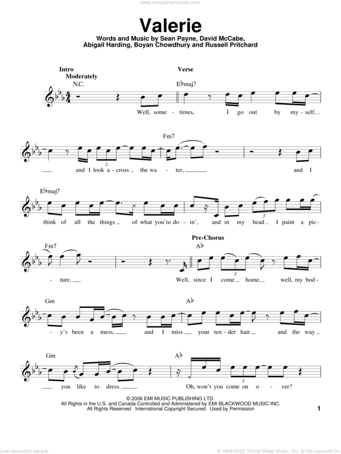 Valerie sheet music for voice solo by Amy Winehouse, Abigail Harding and Boyan Chowdhury, intermediate skill level