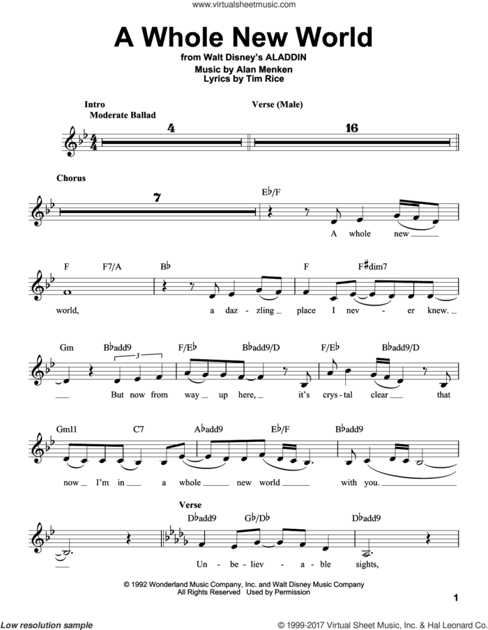 A Whole New World (from Aladdin) (Female part only) sheet music for voice solo by Alan Menken, Alan Menken & Tim Rice and Tim Rice, wedding score, intermediate skill level