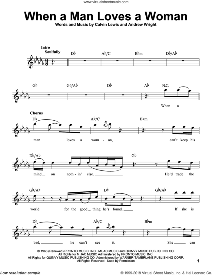 When A Man Loves A Woman sheet music for voice solo by Percy Sledge, Andrew Wright and Calvin Lewis, intermediate skill level