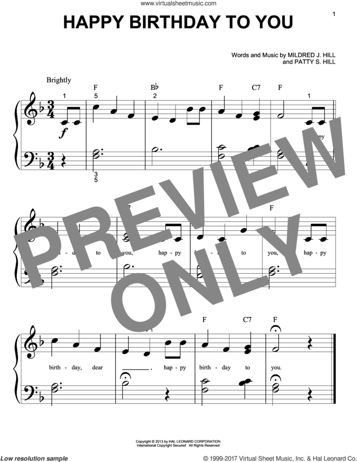 Happy Birthday To You sheet music for piano solo (big note book) by Mildred J. Hill and Patty Smith Hill, easy piano (big note book)