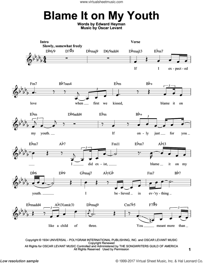 Blame It On My Youth sheet music for voice solo by Edward Heyman and Oscar Levant, intermediate skill level