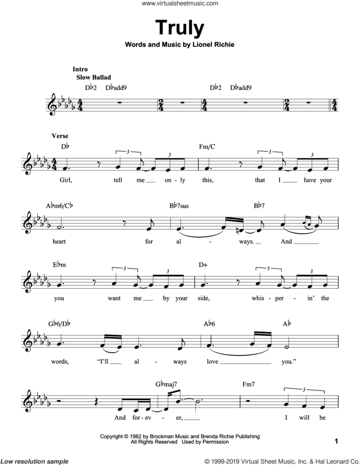 Truly sheet music for voice solo by Lionel Richie, intermediate skill level