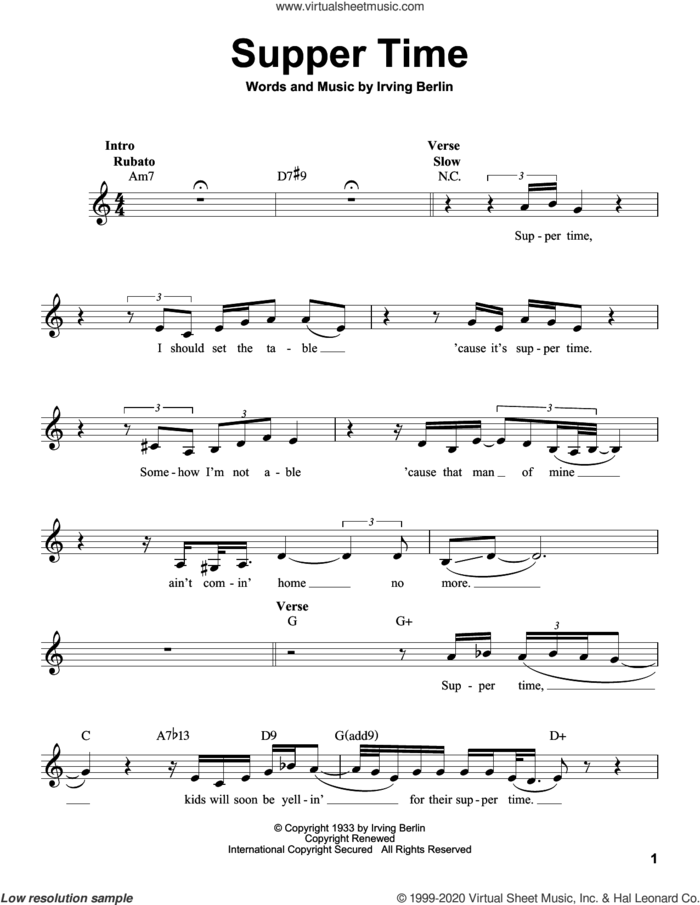Supper Time sheet music for voice solo by Irving Berlin, intermediate skill level