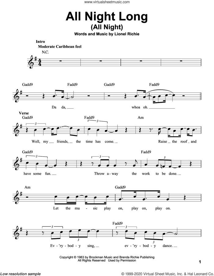 All Night Long (All Night) sheet music for voice solo by Lionel Richie, intermediate skill level
