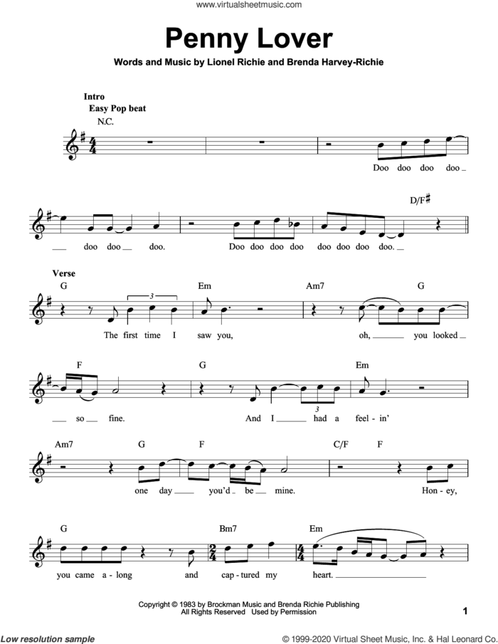 Penny Lover sheet music for voice solo by Lionel Richie and Brenda Harvey-Richie, intermediate skill level