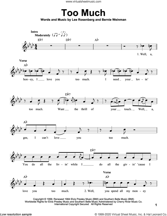 Too Much sheet music for voice solo by Elvis Presley, Bernard Weinman and Lee Rosenberg, intermediate skill level