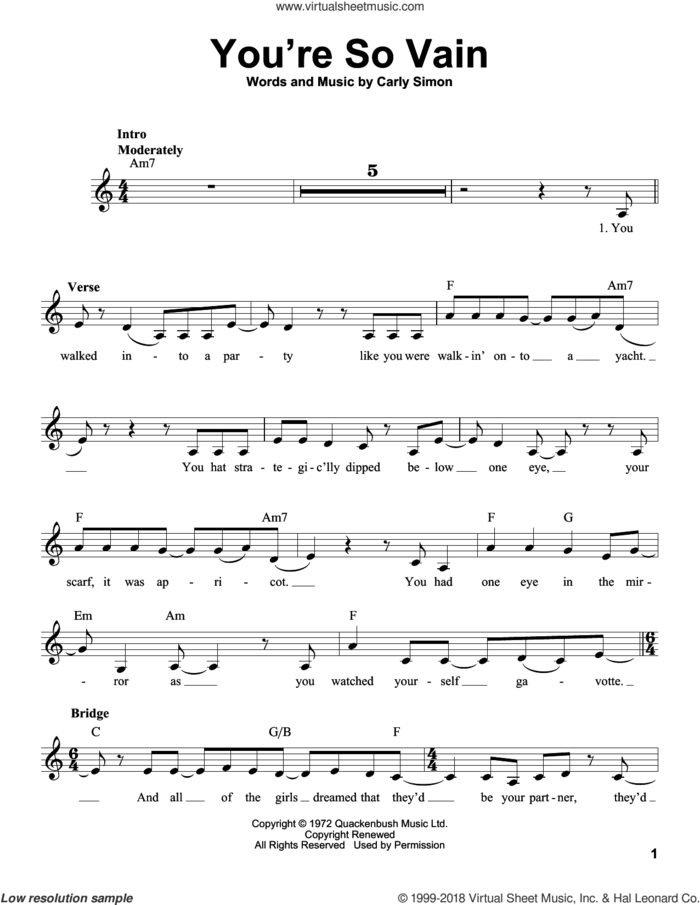 You're So Vain sheet music for voice solo by Carly Simon, intermediate skill level