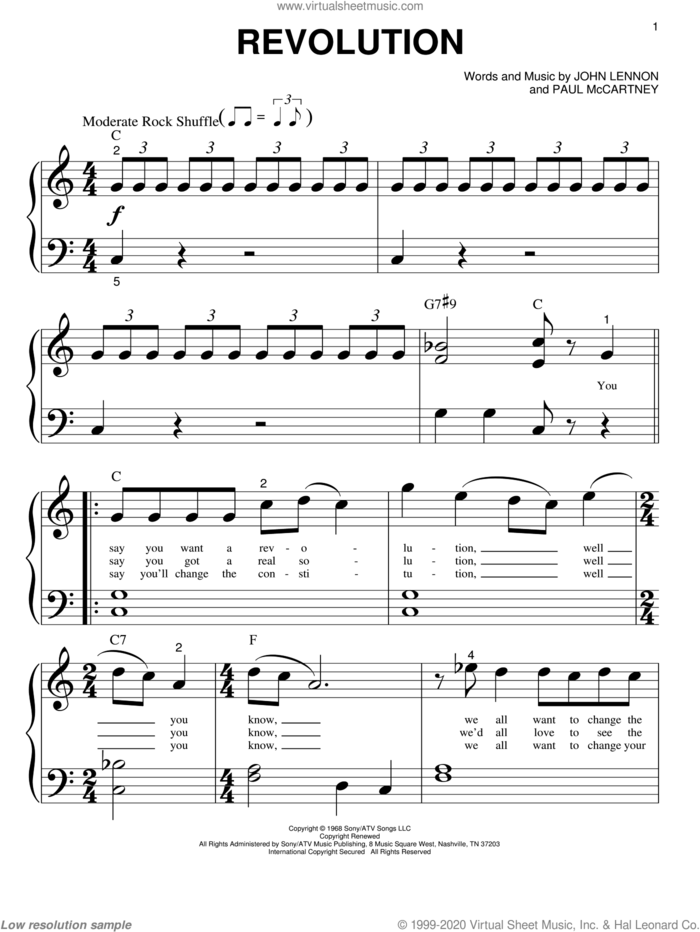 Revolution sheet music for piano solo (big note book) by The Beatles, John Lennon and Paul McCartney, easy piano (big note book)