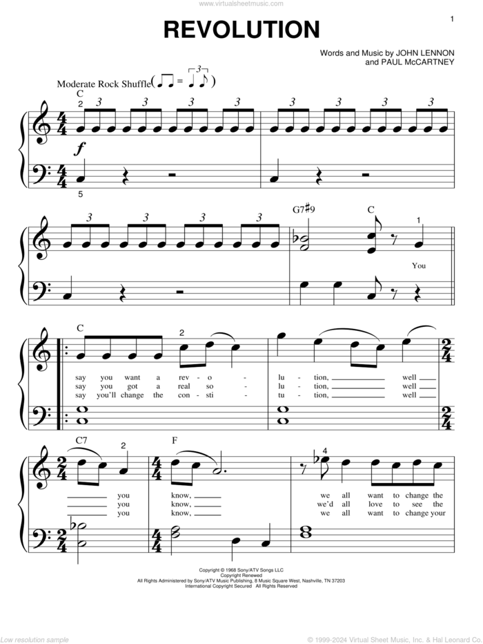 Revolution sheet music for piano solo (big note book) by The Beatles, John Lennon and Paul McCartney, easy piano (big note book)