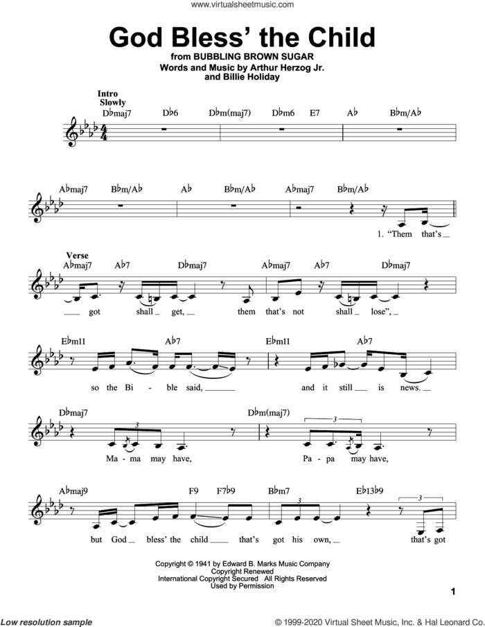God Bless' The Child sheet music for voice solo by Billie Holiday and Arthur Herzog Jr., intermediate skill level