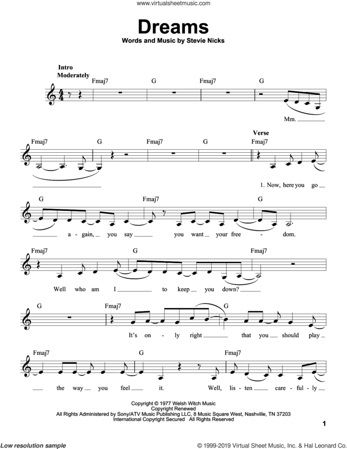 Dreams sheet music for voice solo by Fleetwood Mac and Stevie Nicks, intermediate skill level