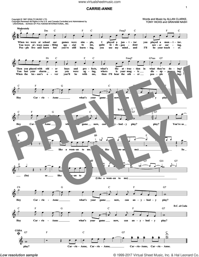 Carrie-Anne sheet music for voice and other instruments (fake book) by The Hollies, Allan Clarke, Graham Nash and Tony Hicks, intermediate skill level