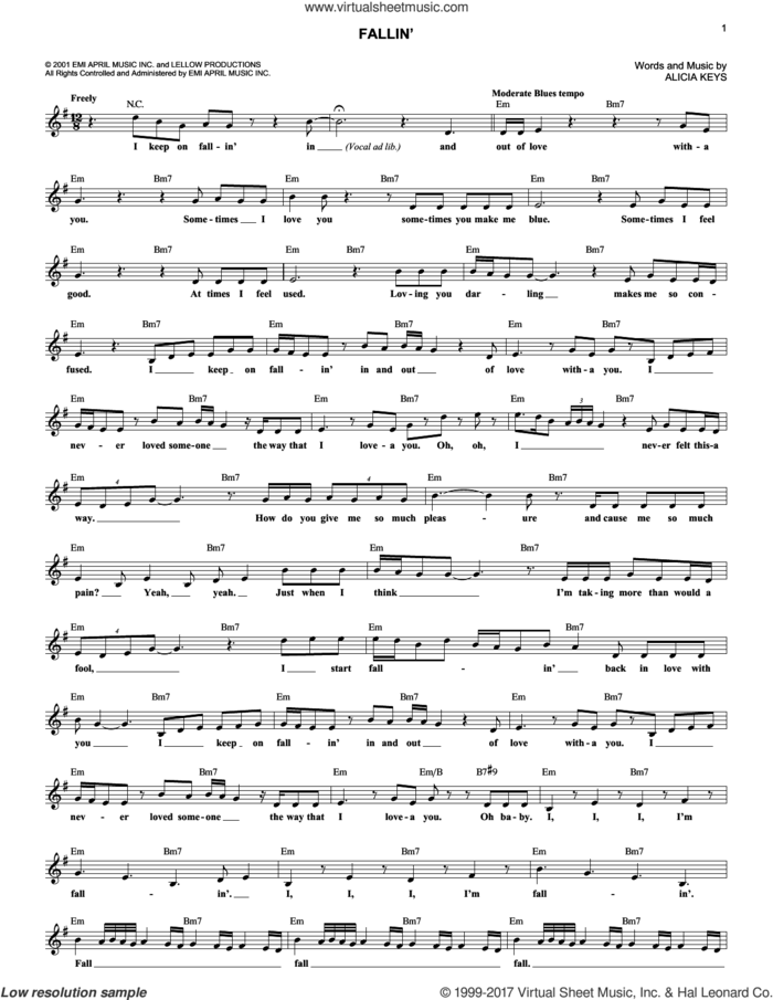 Fallin' sheet music for voice and other instruments (fake book) by Alicia Keys, intermediate skill level