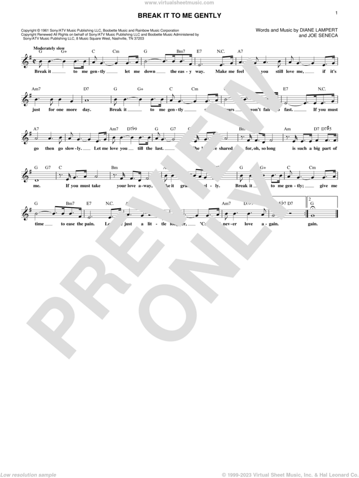 Break It To Me Gently sheet music for voice and other instruments (fake book) by Brenda Lee, Juice Newton, Diane Lampert and Joe Seneca, intermediate skill level
