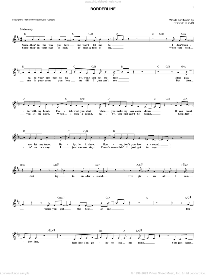 Borderline sheet music for voice and other instruments (fake book) by Madonna and Reggie Lucas, intermediate skill level