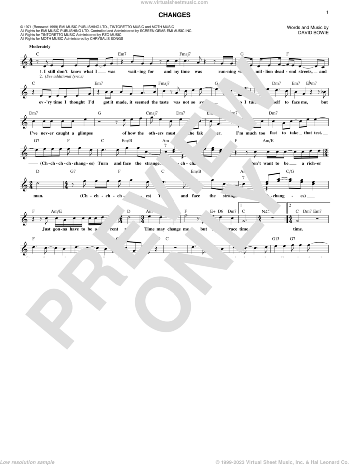 Changes sheet music for voice and other instruments (fake book) by David Bowie, intermediate skill level