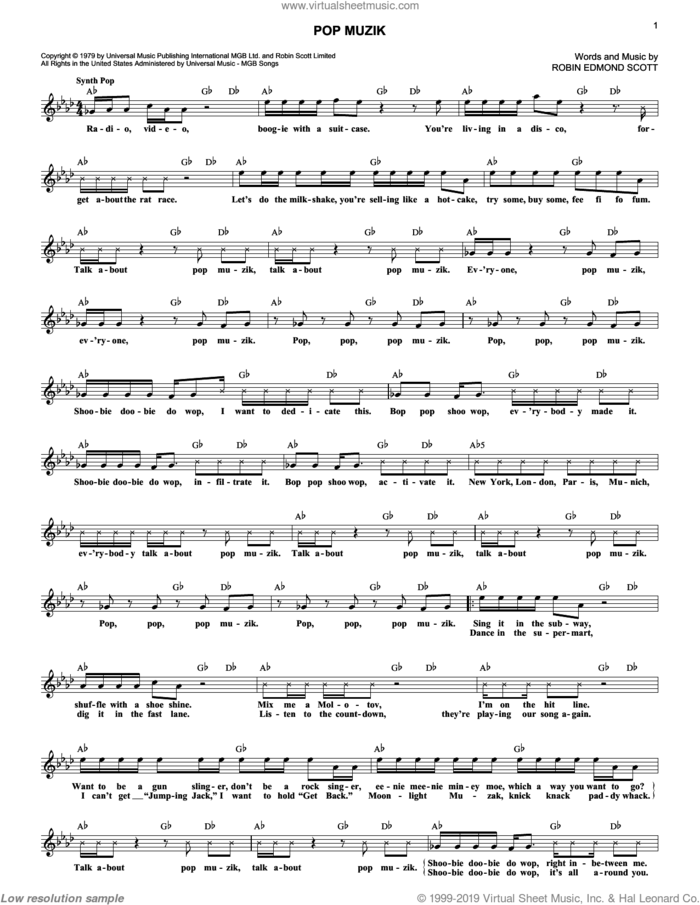 Pop Muzik sheet music for voice and other instruments (fake book) by Robin Edmond Scott, intermediate skill level