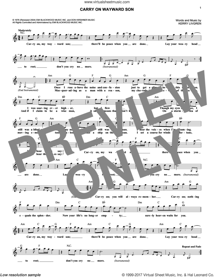 Carry On Wayward Son sheet music for voice and other instruments (fake book) by Kansas and Kerry Livgren, intermediate skill level