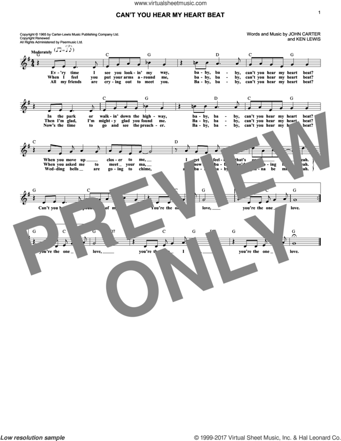 Can't You Hear My Heart Beat sheet music for voice and other instruments (fake book) by Herman's Hermits, John Carter and Ken Lewis, intermediate skill level