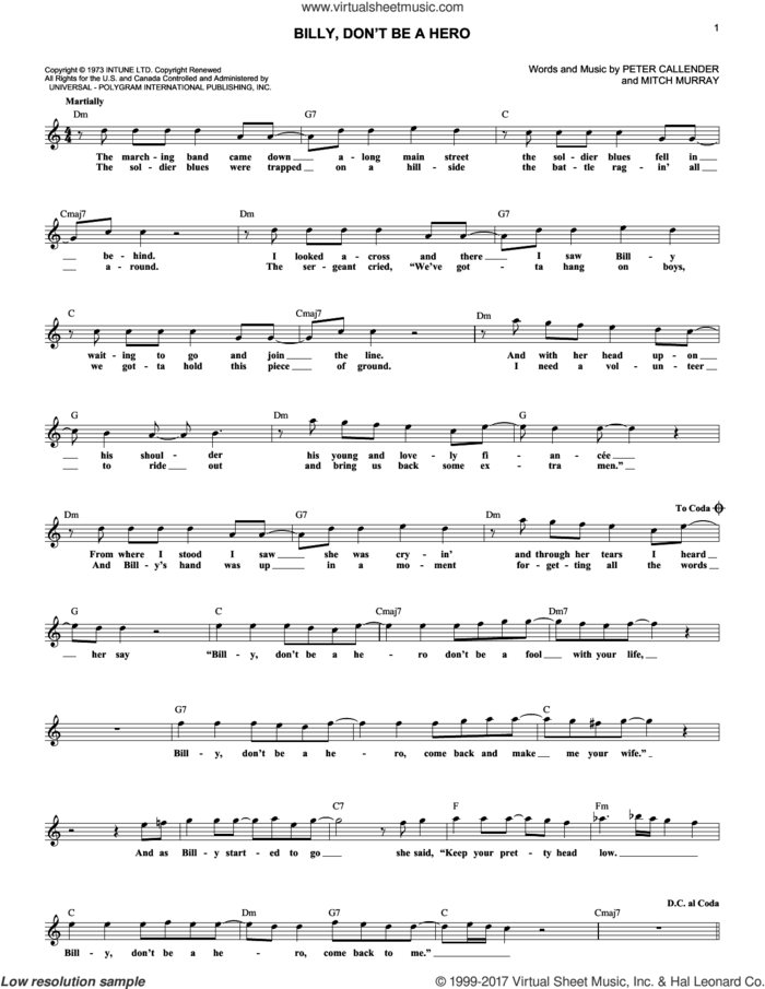 Billy, Don't Be A Hero sheet music for voice and other instruments (fake book) by Bo Donaldson & The Heywoods, Paper Lace, Mitch Murray and Peter Callender, intermediate skill level