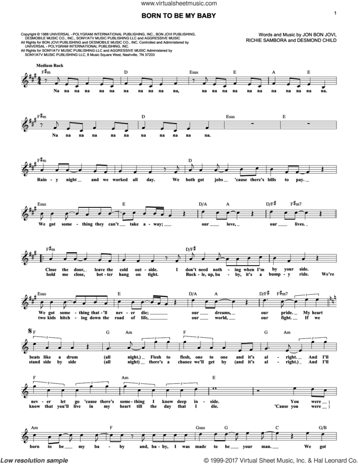 Born To Be My Baby sheet music for voice and other instruments (fake book) by Bon Jovi, Desmond Child and Richie Sambora, intermediate skill level