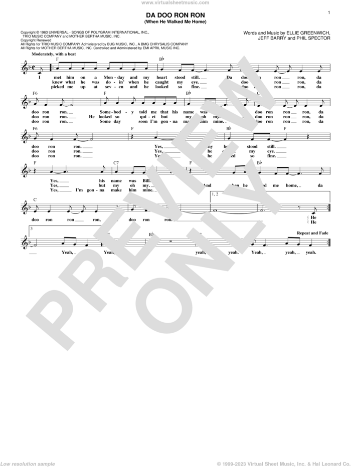 Da Doo Ron Ron (When He Walked Me Home) sheet music for voice and other instruments (fake book) by The Crystals, Shaun Cassidy, Ellie Greenwich, Jeff Barry and Phil Spector, intermediate skill level