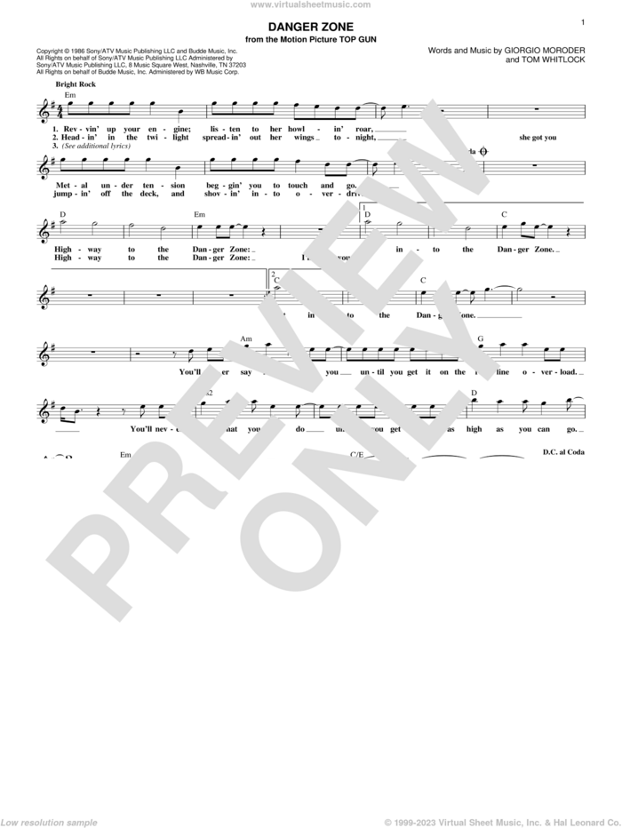 Danger Zone sheet music for voice and other instruments (fake book) by Kenny Loggins, Giorgio Moroder and Tom Whitlock, intermediate skill level
