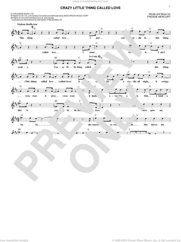 Crazy Little Thing Called Love sheet music for voice and other instruments (fake book) by Queen, Dwight Yoakam and Freddie Mercury, intermediate skill level