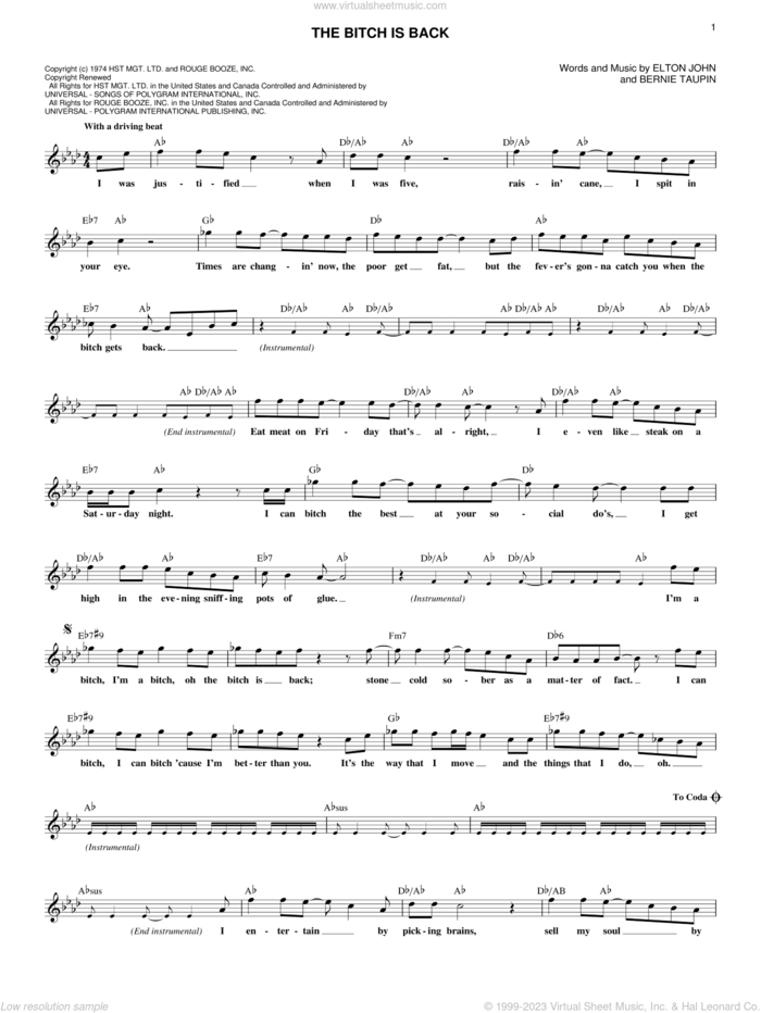 The Bitch Is Back sheet music for voice and other instruments (fake book) by Elton John and Bernie Taupin, intermediate skill level