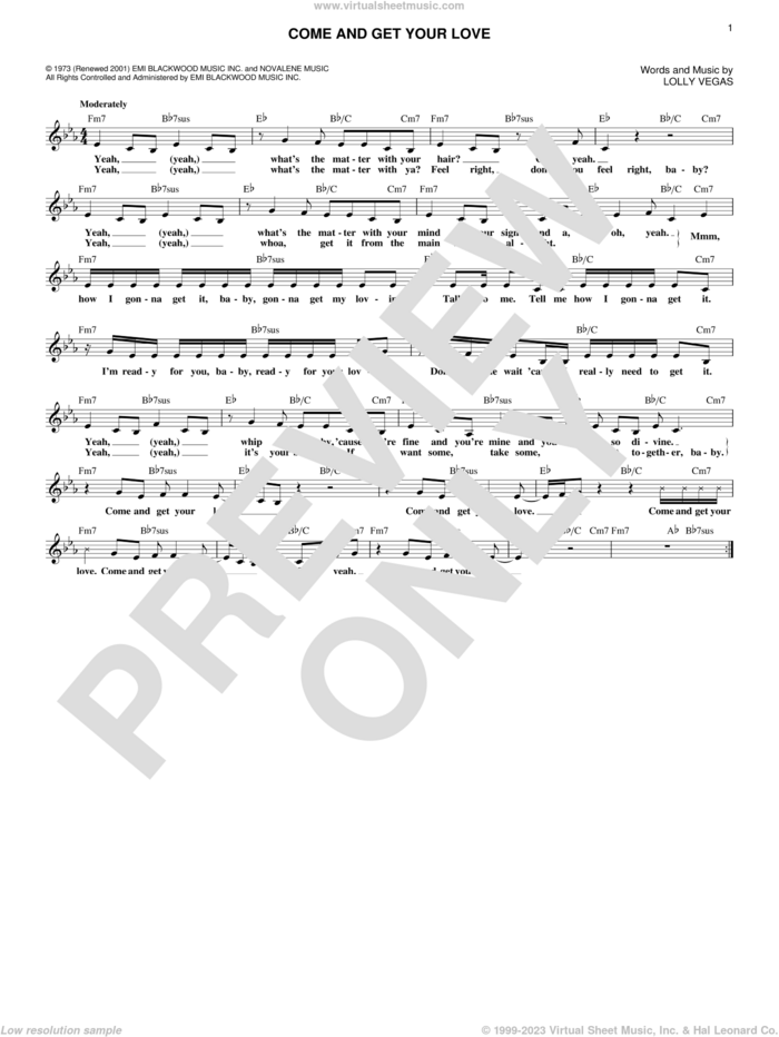 Come And Get Your Love sheet music for voice and other instruments (fake book) by Redbone, Real McCoy and Lolly Vegas, intermediate skill level