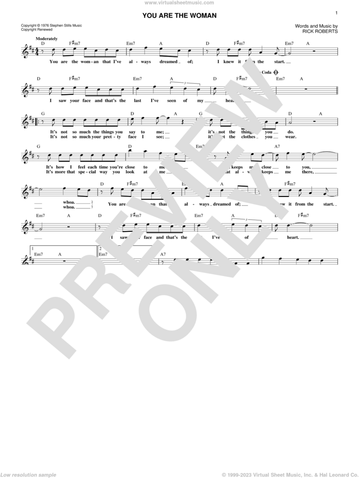 You Are The Woman sheet music for voice and other instruments (fake book) by Firefall and Rick Roberts, intermediate skill level
