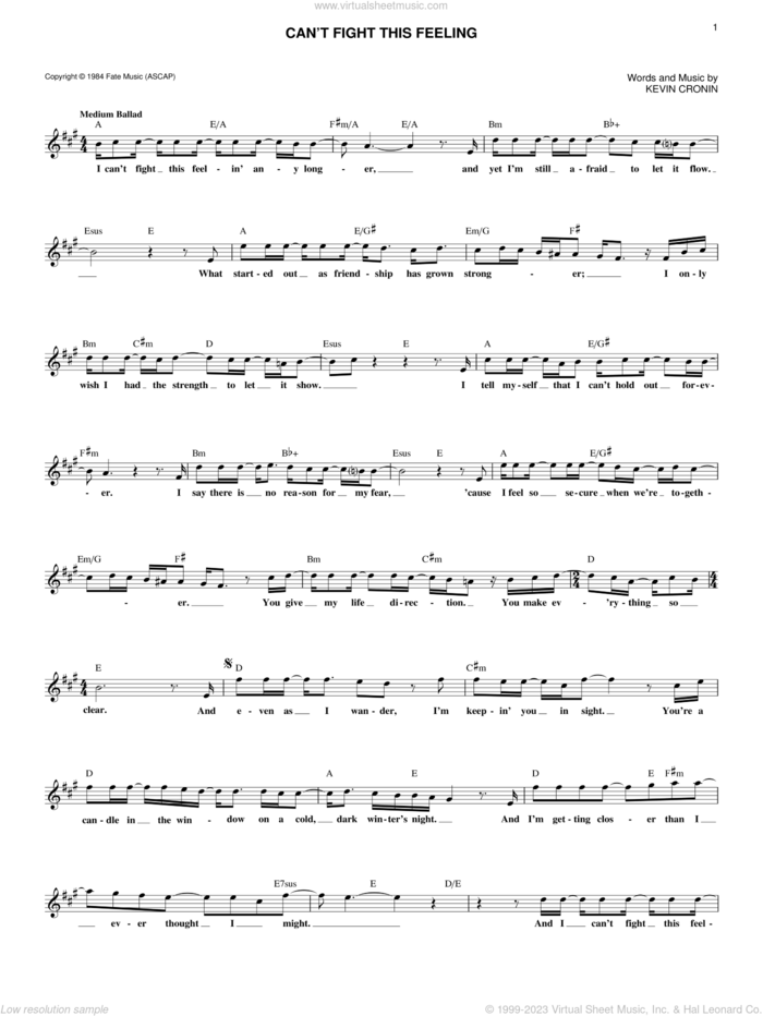 Can't Fight This Feeling sheet music for voice and other instruments (fake book) by REO Speedwagon and Kevin Cronin, intermediate skill level