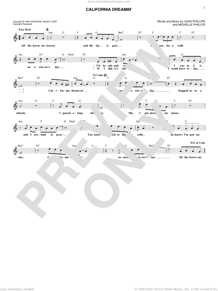 California Dreamin' sheet music for voice and other instruments (fake book) by The Mamas & The Papas, John Phillips and Michelle Phillips, intermediate skill level