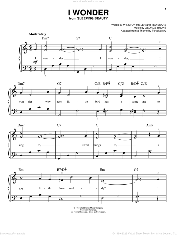 I Wonder sheet music for piano solo by George Bruns, Ted Sears and Winston Hibler, easy skill level