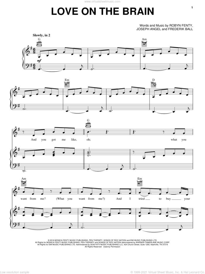 Love On The Brain sheet music for voice, piano or guitar by Rihanna, Frederik Ball, Joseph Angel and Robyn Fenty, intermediate skill level