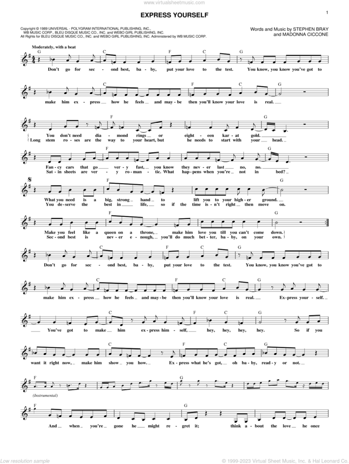 Express Yourself sheet music for voice and other instruments (fake book) by Madonna and Stephen Bray, intermediate skill level