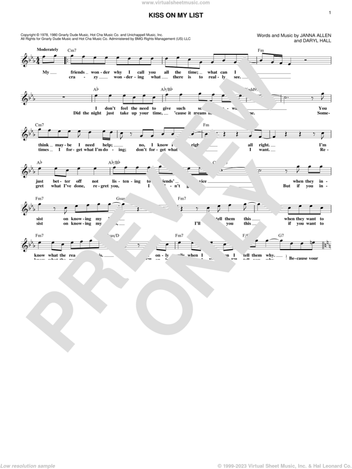 Kiss On My List sheet music for voice and other instruments (fake book) by Daryl Hall, Hall and Oates, Daryl Hall & John Oates and Janna Allen, intermediate skill level